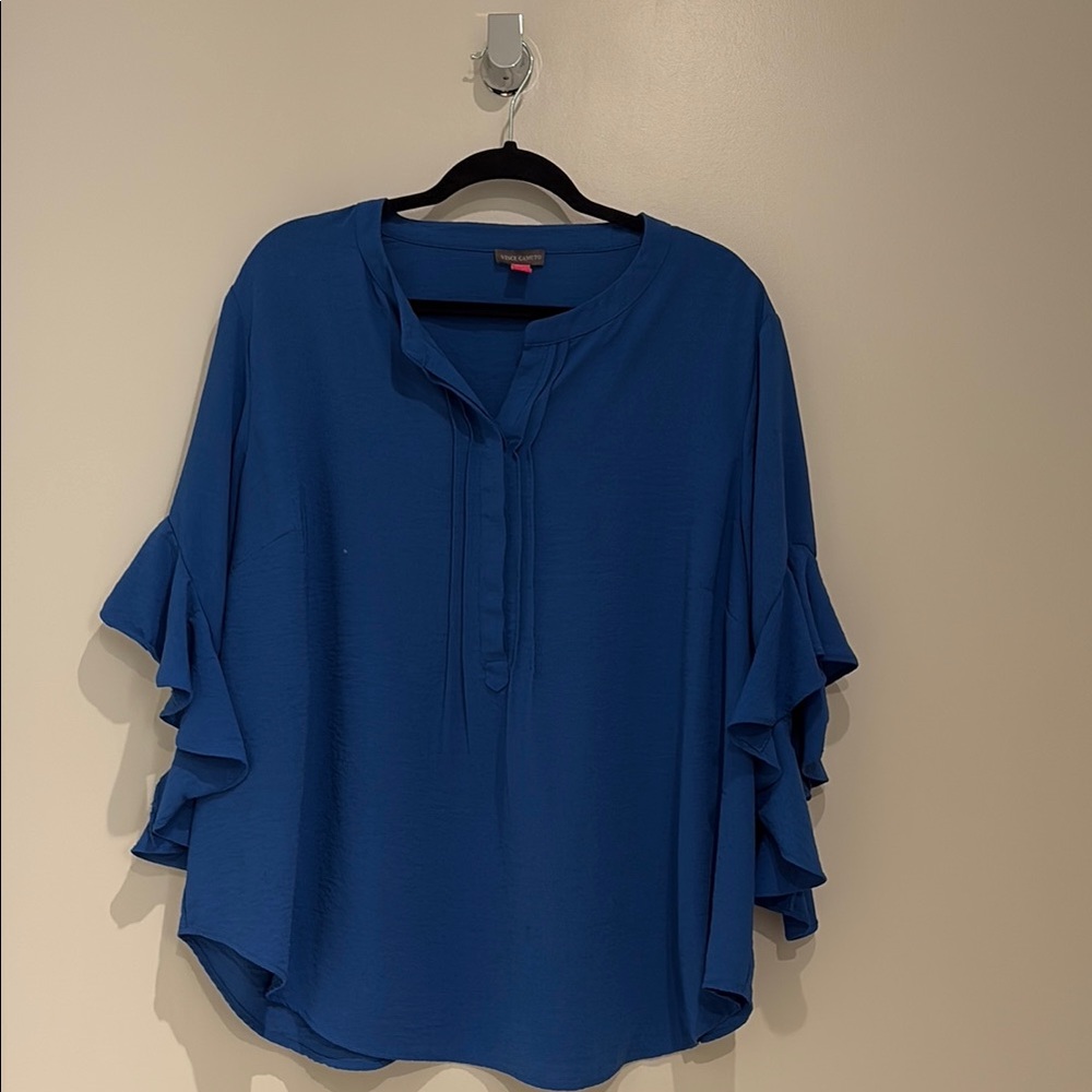 Vince Camuto Blue Flutter Sleeve Blouse with Mandarin Collar